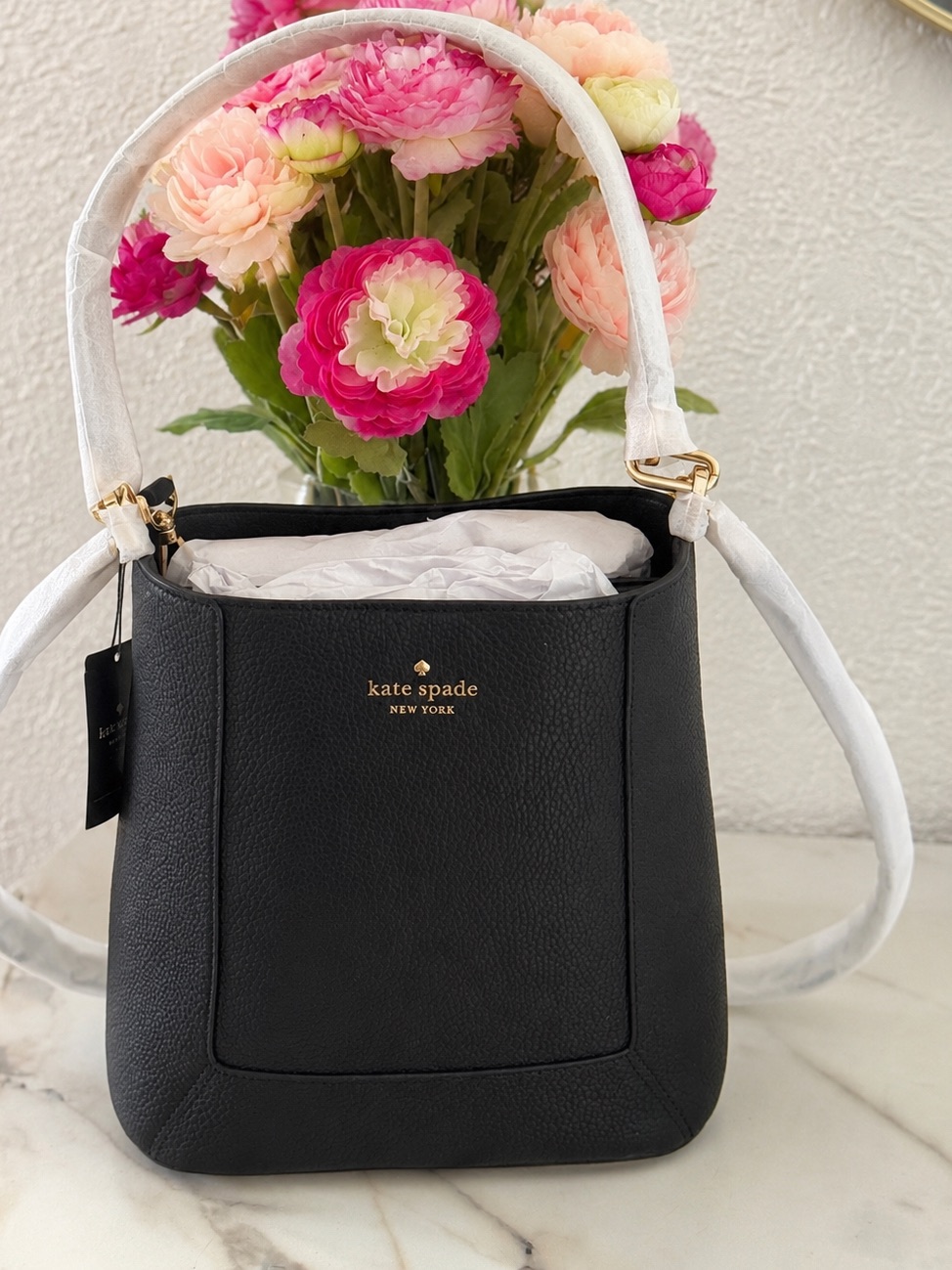 Kate Spade Lena Bucket Bag Black Pebbled Leather Gold Hardware Nwt